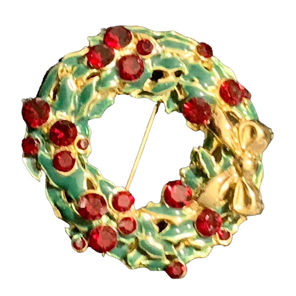 Crystal and enamel  Christmas wreath brooch - Picture 3 of 3